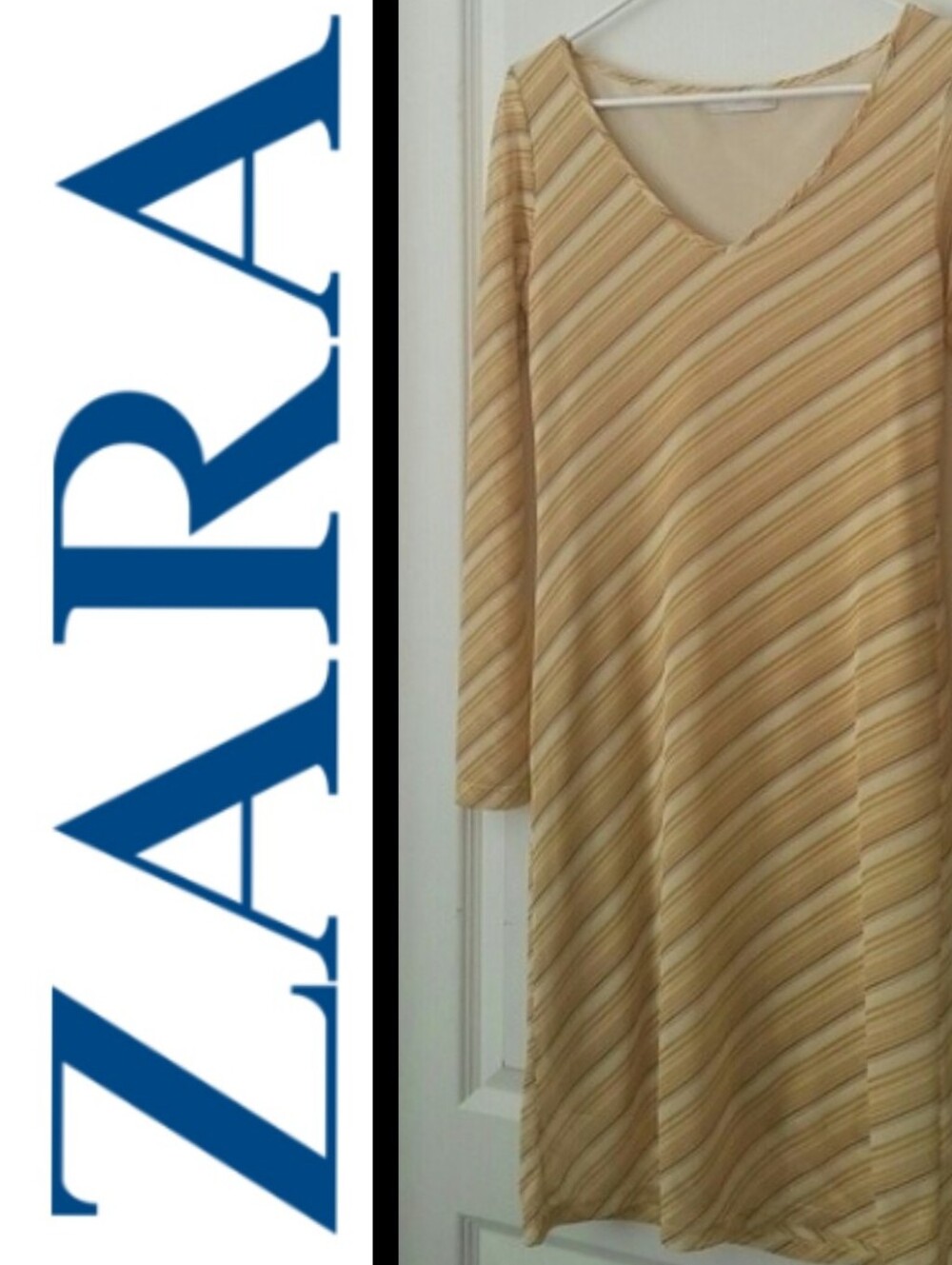 Y2K ZARA DRESS SHEATH KNEE LENGTH LONG SLEEVE YELLOW TAN STRIPED WOMENS M